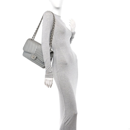 Chanel Metallic Caviar Chevron Quilted Jumbo Double Flap Silver 2 of 13