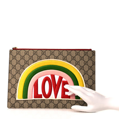 Gucci Calfskin GG Supreme Monogram Embroidered Rainbow Love Zip Pouch Red 2 of 11