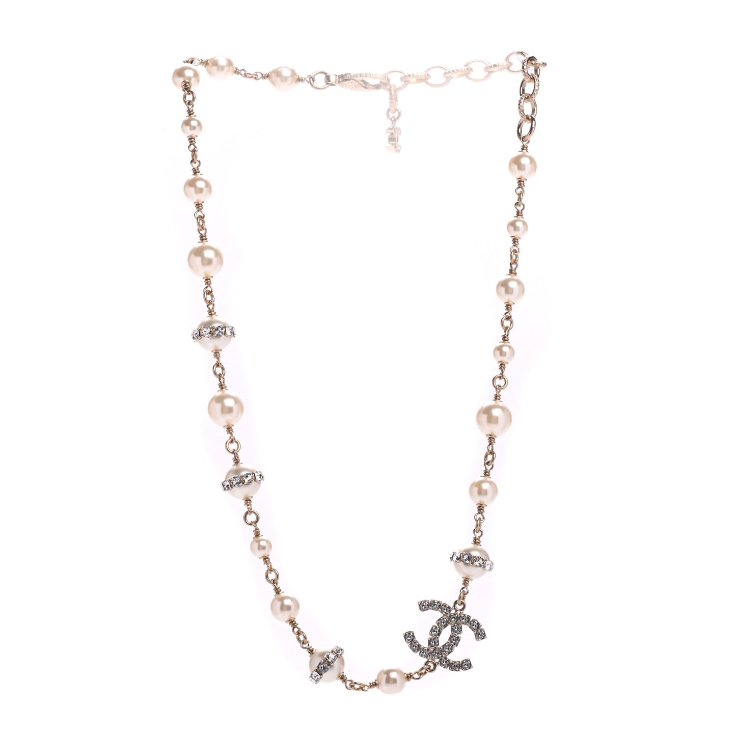 Crystal Pearl CC Long Necklace Gold