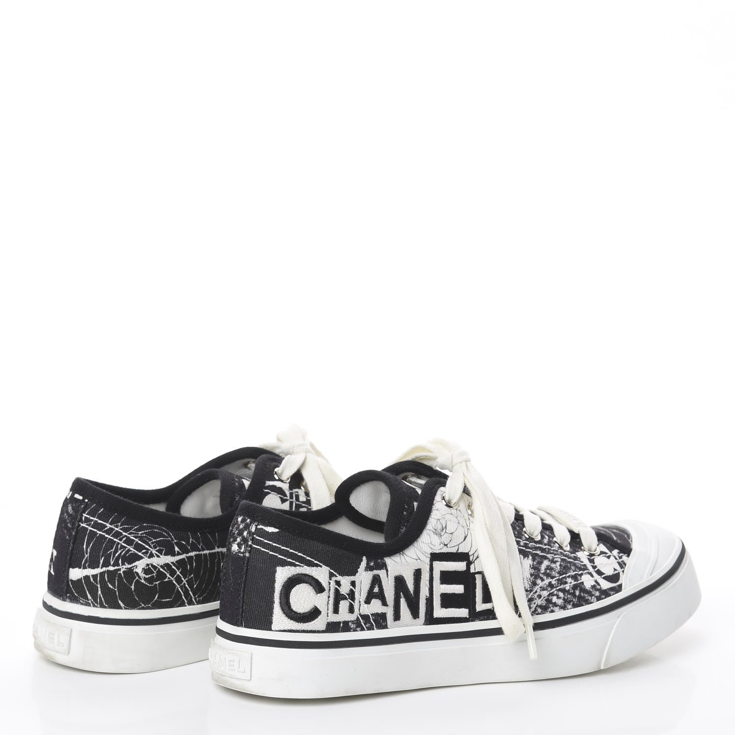 Chanel Printed Fabric Low Top Logo Sneakers 38.5 White Black 4 of 7