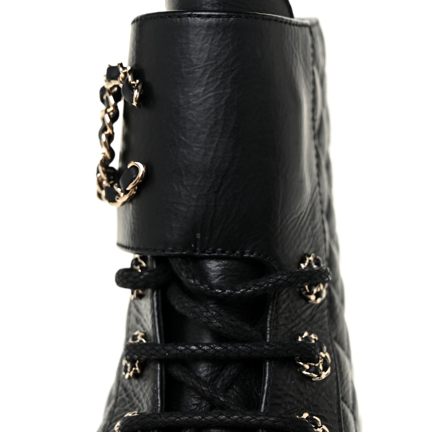 Shiny Lambskin Quilted Lace Up Combat Boots 38 Black