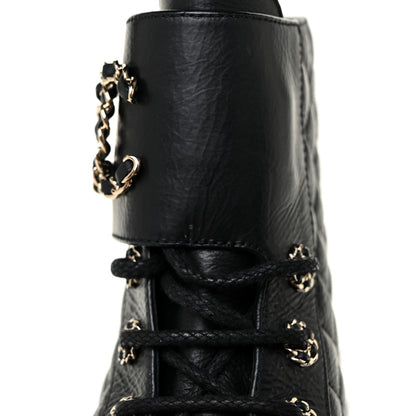 Chanel Shiny Lambskin Quilted Lace Up Combat Boots 38 Black 7 of 10