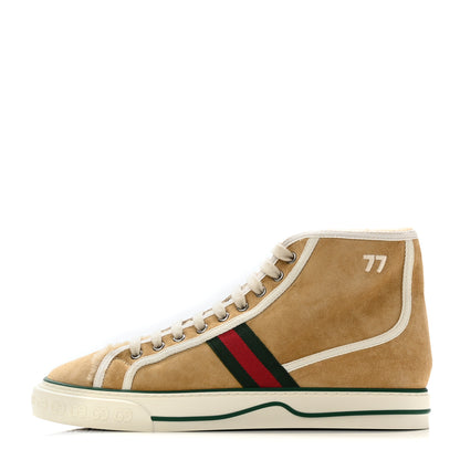 Gucci Suede Shearling Web Mens 1977 Tennis High Top Sneakers 7 Butterscotch Mystic White 1 of 10