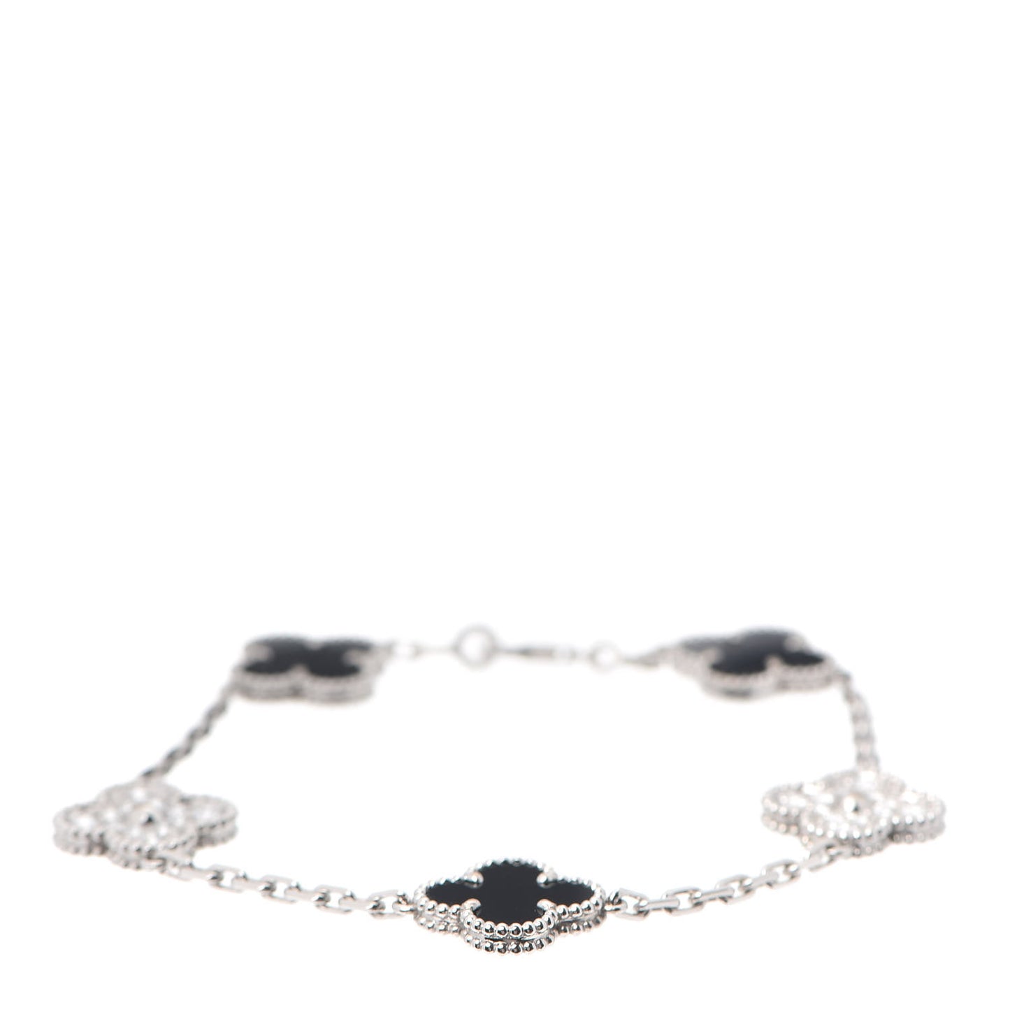 18K White Gold Diamond Black Onyx 5 Motifs Vintage Alhambra Bracelet