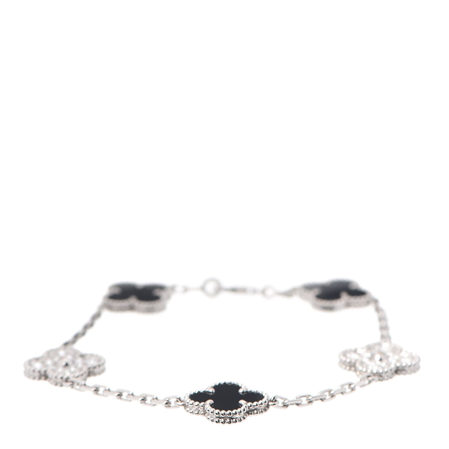Van Cleef & Arpels 18K White Gold Diamond Black Onyx 5 Motifs Vintage Alhambra Bracelet 1 of 8