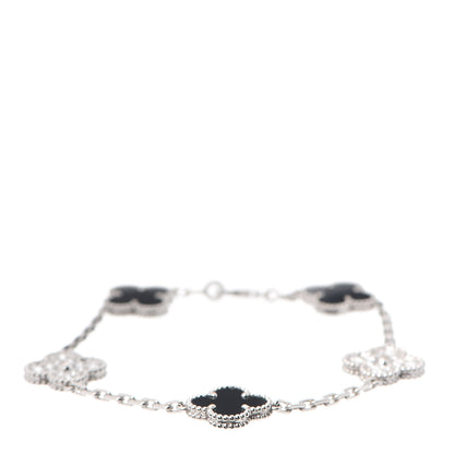 Van Cleef & Arpels 18K White Gold Diamond Black Onyx 5 Motifs Vintage Alhambra Bracelet 1 of 8