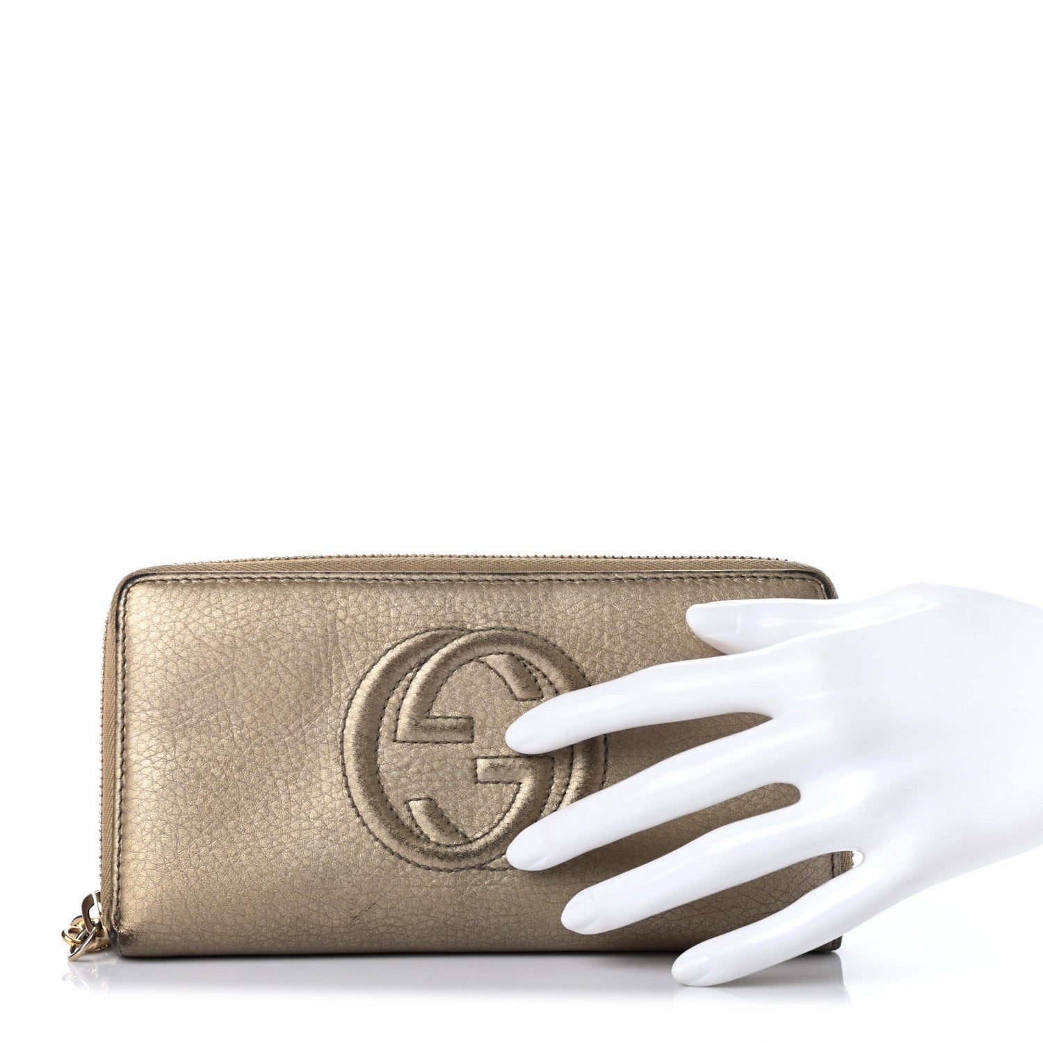 Gucci Metallic Pebbled Calfskin Soho Zip Around Wallet Golden Beige 2 of 13
