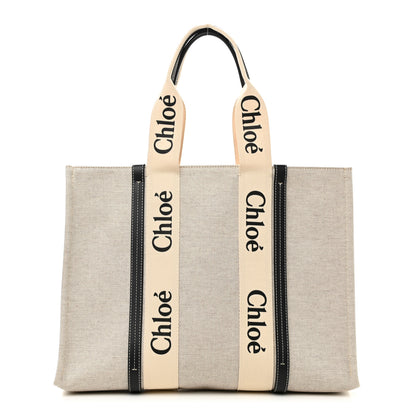 Chloe Cotton Calfskin Large Woody Ribbon Tote White Black 1 of 10