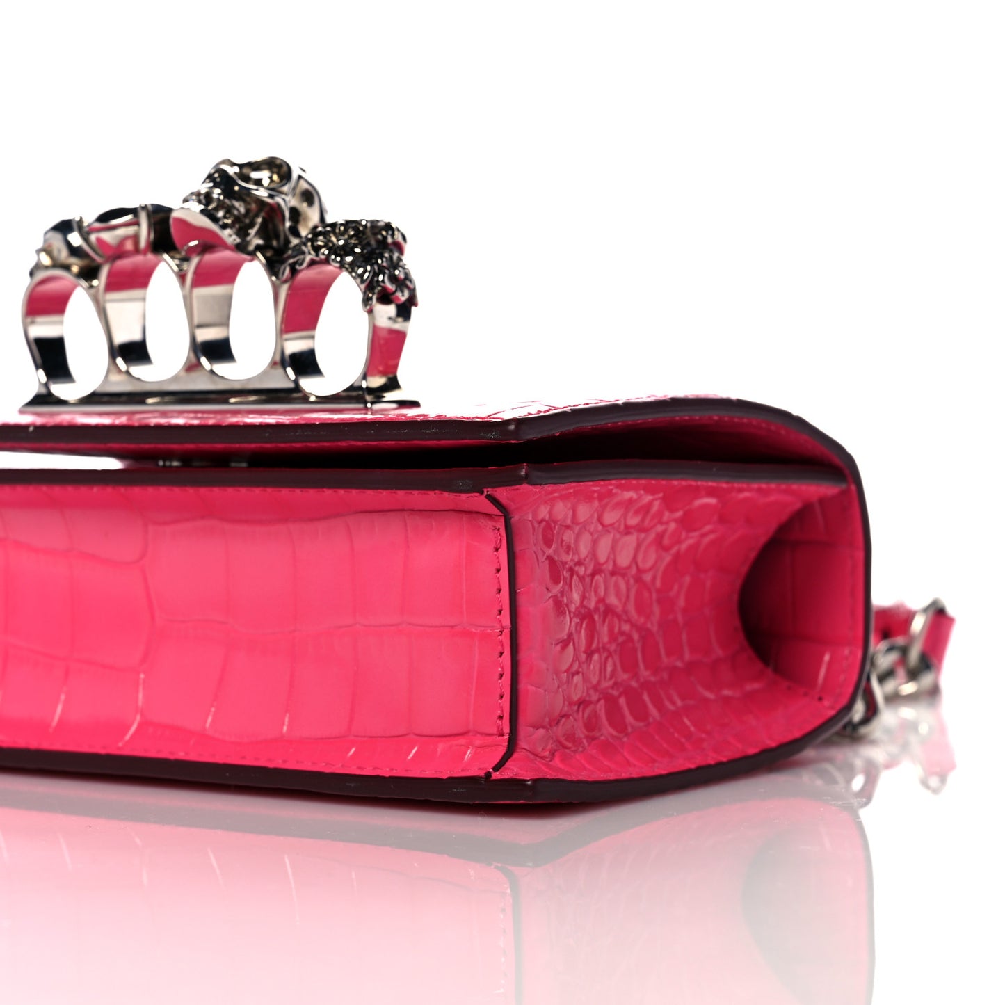 Shiny Crocodile Embossed Jeweled Satchel Peony Pink
