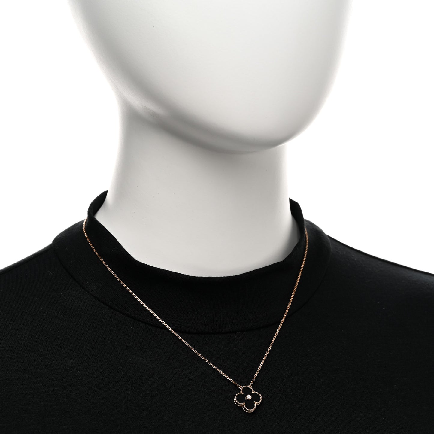 18K Rose Gold Diamond Black Onyx Vintage Alhambra Pendant Necklace