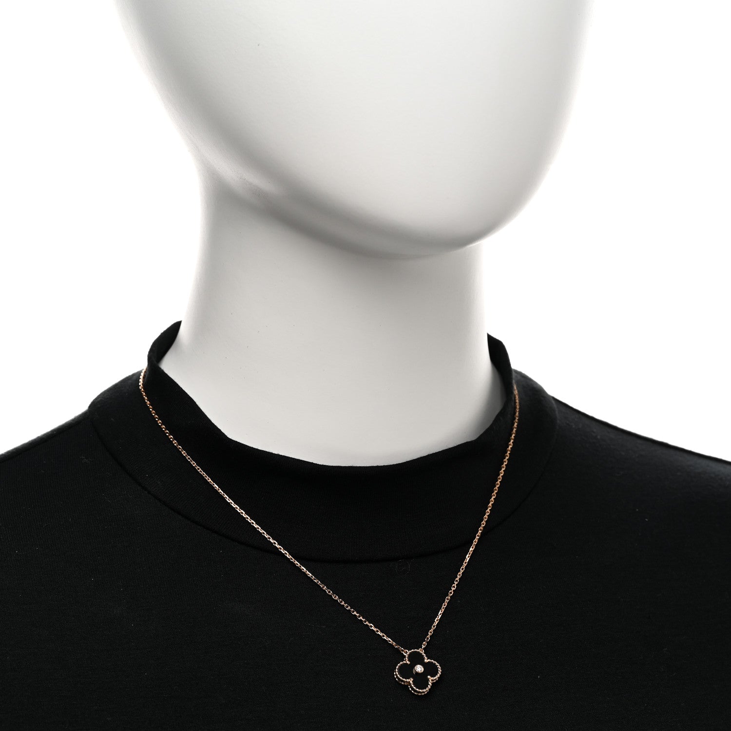 Van Cleef & Arpels 18K Rose Gold Diamond Black Onyx Vintage Alhambra Pendant Necklace 2 of 4