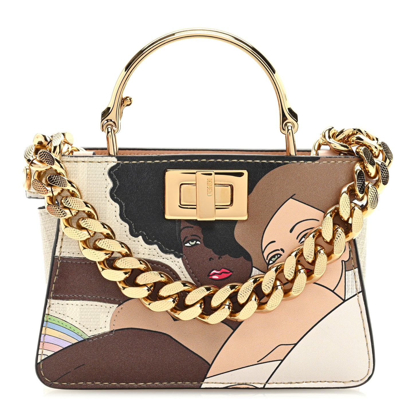 Glazed Fabric FF Bikini Girls Inlay Nano Peekaboo Maxi Handle Satchel Bianco Perla Multicolor