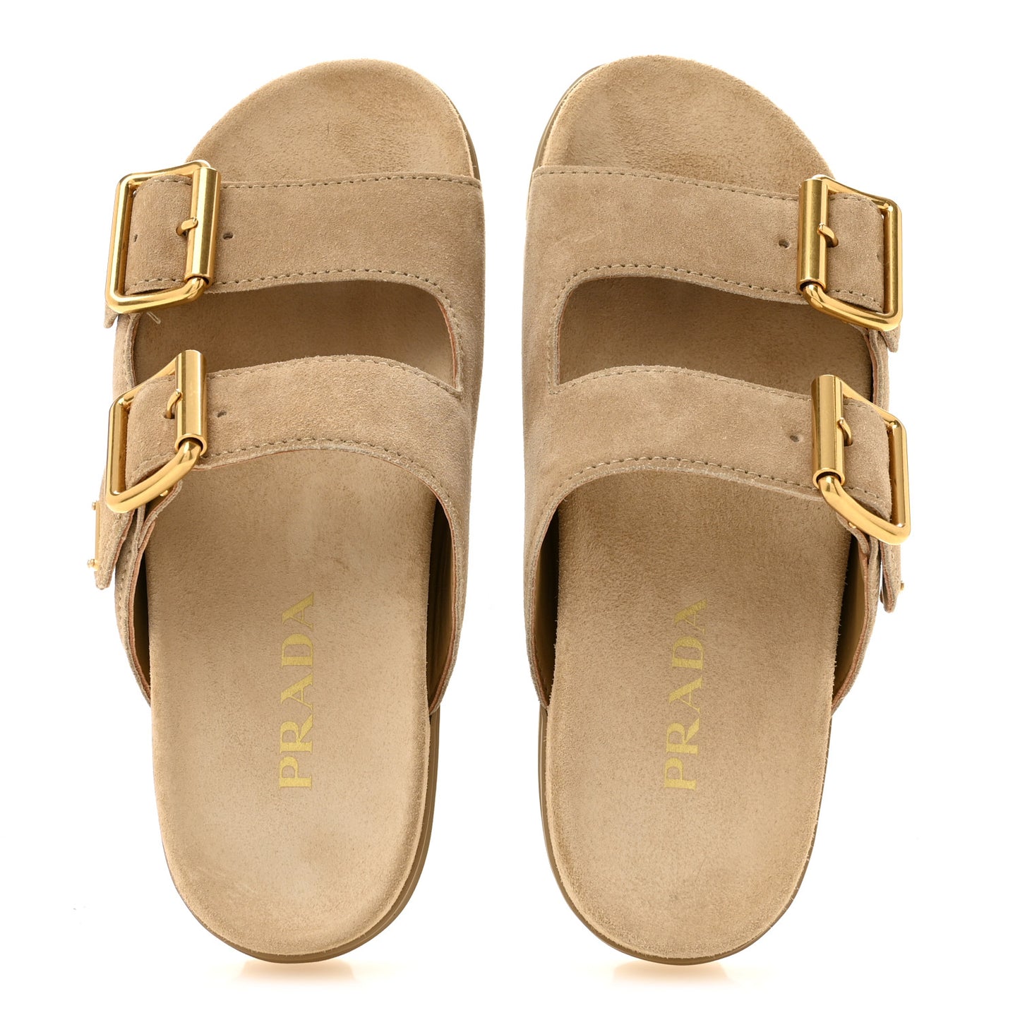 Suede Metal Triangle Logo Womens Double Buckle 20mm Slide Sandals 36.5 Ecru