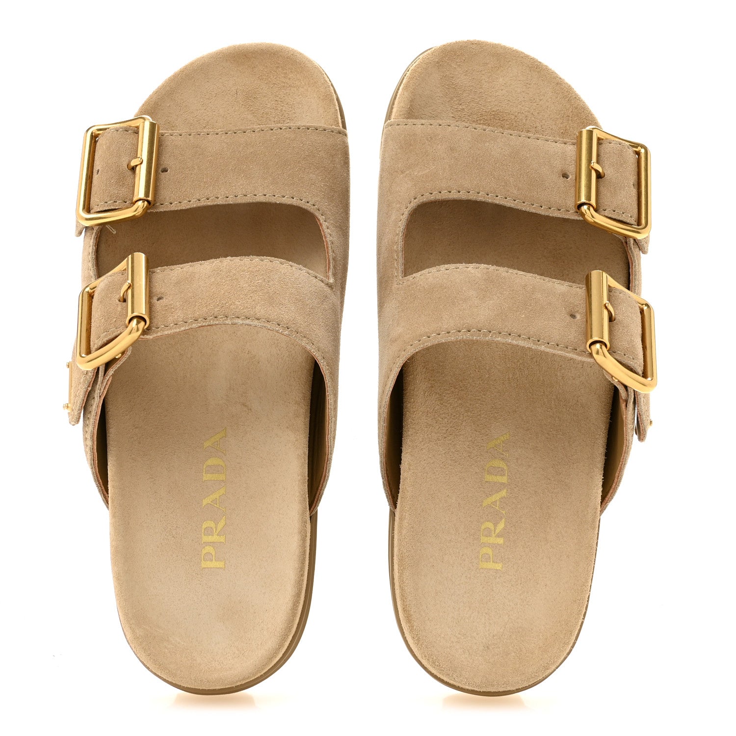 Prada Suede Metal Triangle Logo Womens Double Buckle 20mm Slide Sandals 36.5 Ecru 2 of 10