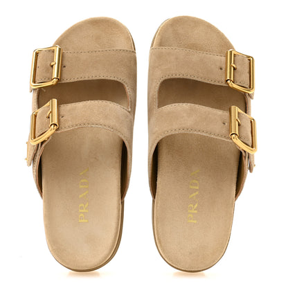 Prada Suede Metal Triangle Logo Womens Double Buckle 20mm Slide Sandals 36.5 Ecru 2 of 10