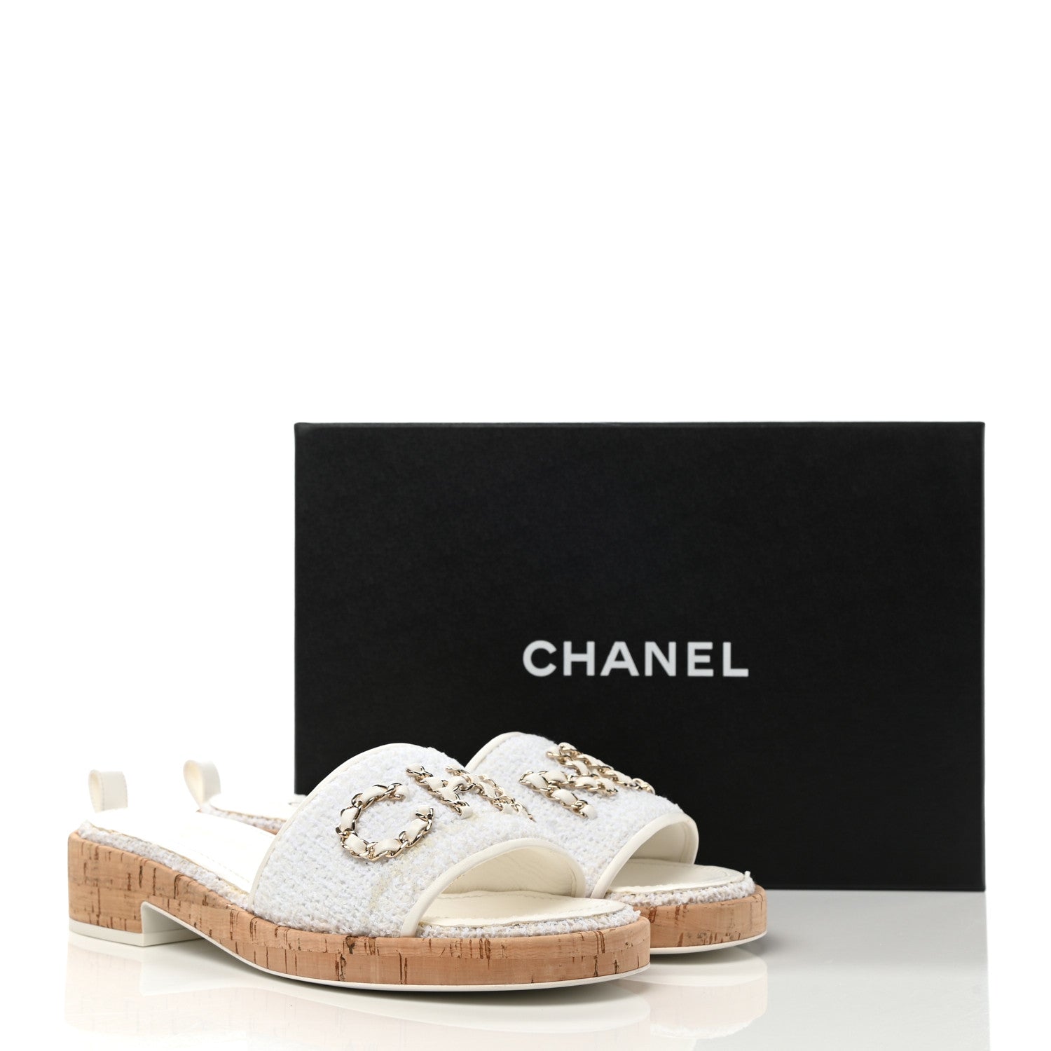 Chanel Tweed Cork CC Chain Mule Sandal 40 White 10 of 10