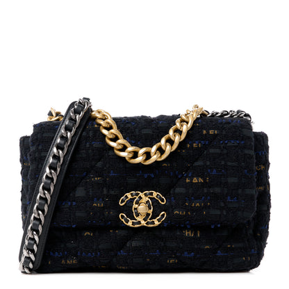 Chanel Tweed Quilted Medium Chanel 19 Flap Black Navy Gold 1 of 11
