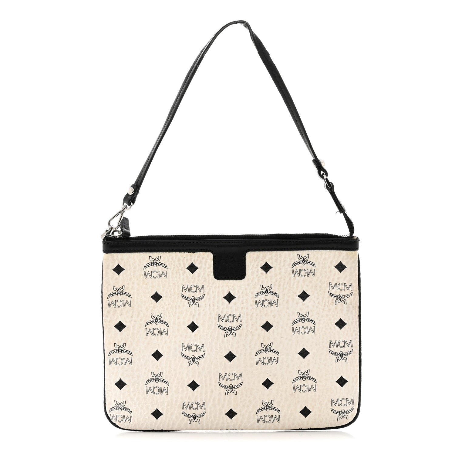 MCM Visetos Liz Shopper Tote Pouch White Black 1 of 6