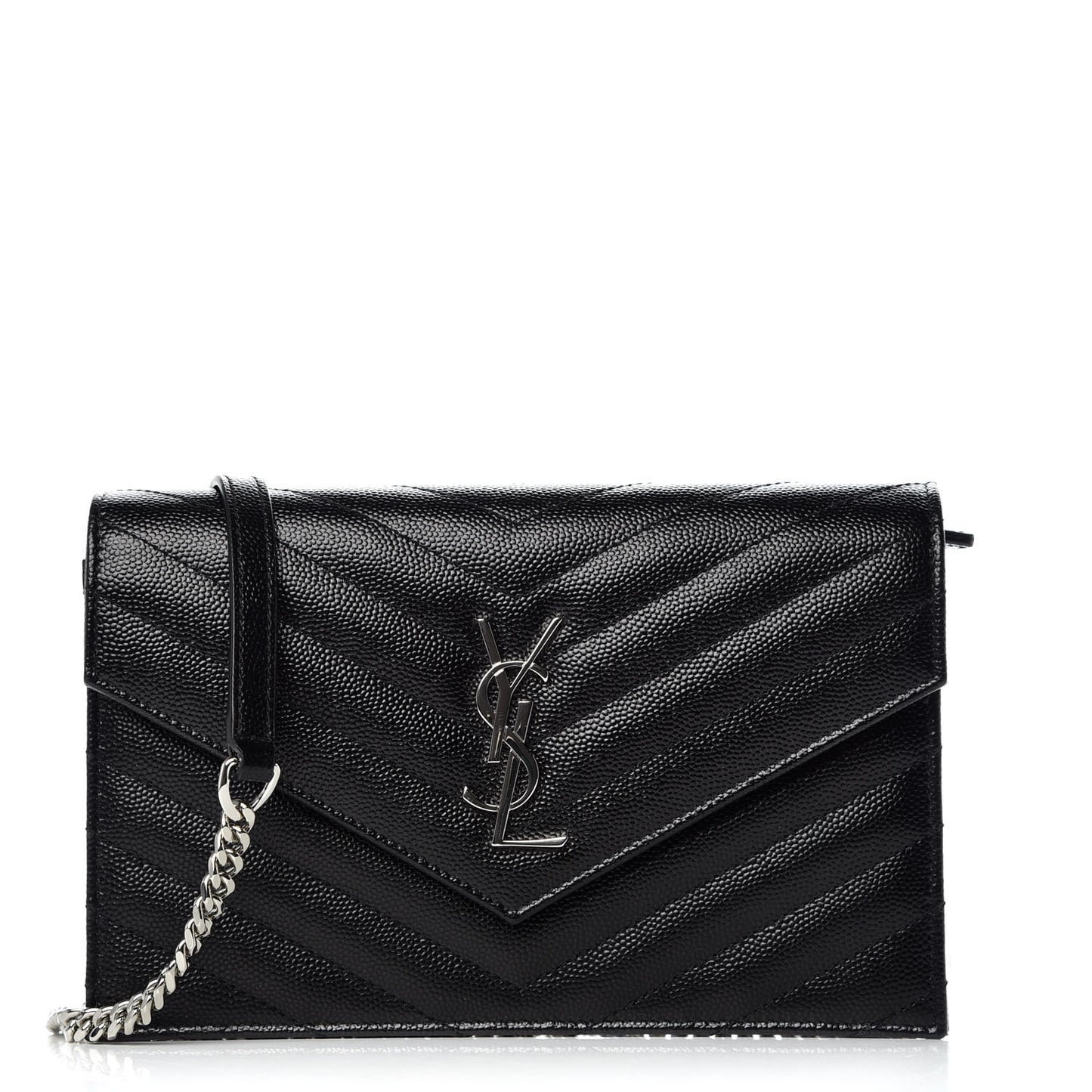 Grain De Poudre Matelasse Chevron Monogram Envelope Chain Wallet Black