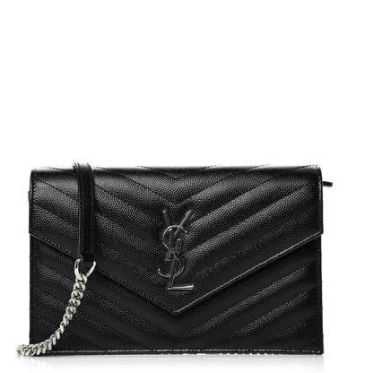Saint Laurent Grain De Poudre Matelasse Chevron Monogram Envelope Chain Wallet Black 1 of 9