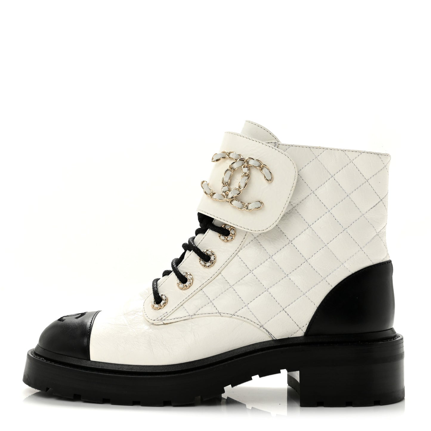 Shiny Goatskin Calfskin Quilted Lace Up Combat Boots 39 White Black