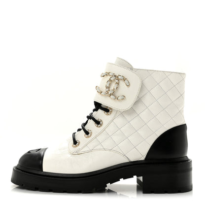 Chanel Shiny Goatskin Calfskin Quilted Lace Up Combat Boots 39 White Black 1 of 11