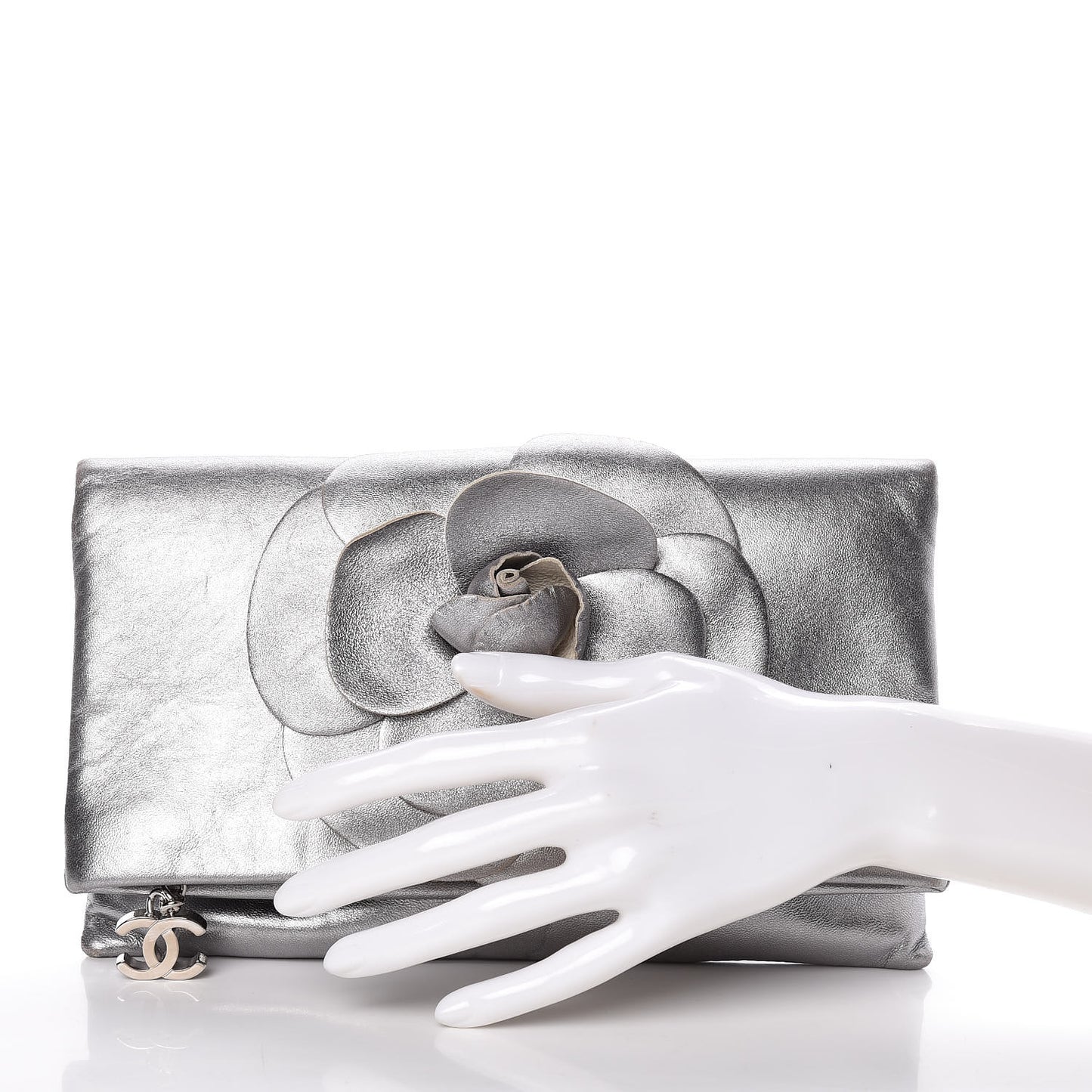 Metallic Lambskin Camellia Beauty Clutch Silver