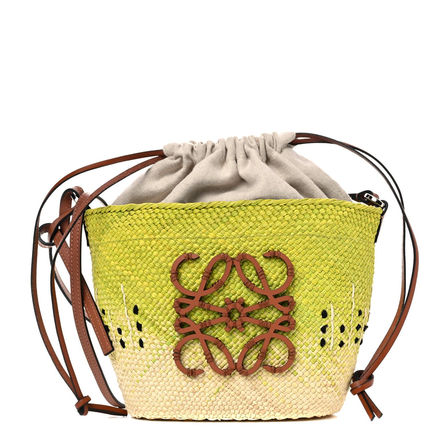 Calfskin Raffia Anagram Basket Tote Bag Kiwi