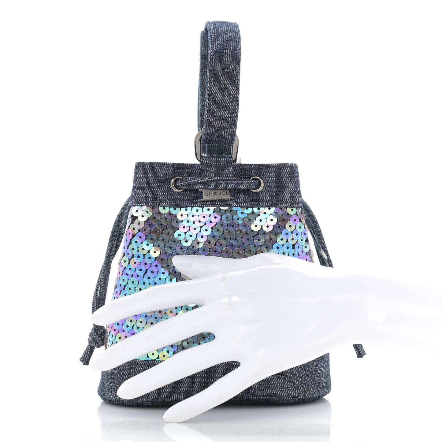 Sequin Denim Small Drawstring Bucket Bag Blue