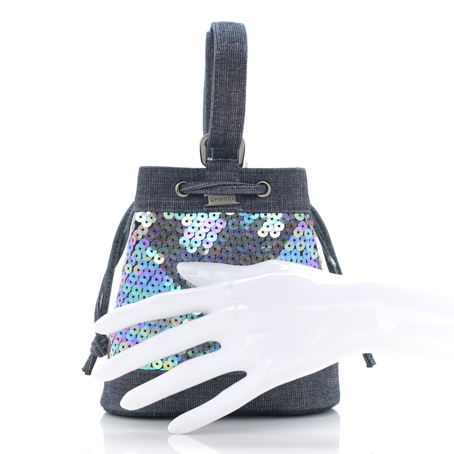 Chanel Sequin Denim Small Drawstring Bucket Bag Blue 2 of 12