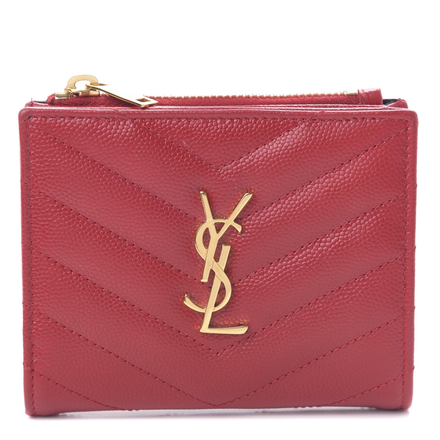 Saint Laurent Grain De Poudre Matelasse Chevron Monogram Zipped Card Case Rouge Eros 1 of 7