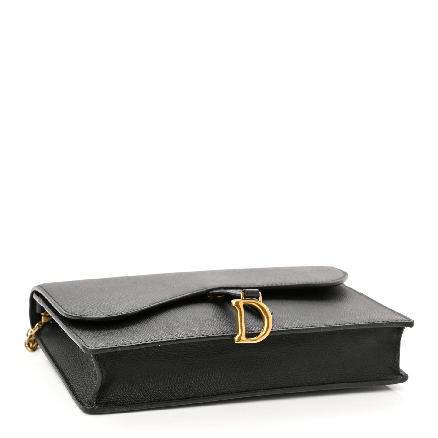 Grained Calfskin Saddle Chain Wallet Pouch Black