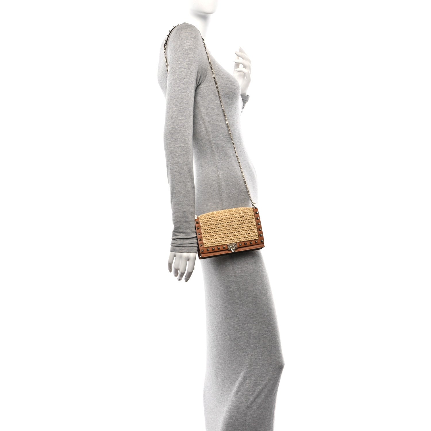 Valentino Garavani Raffia Calfskin Rockstud Wallet On Chain Pouch Natural Almond Beige 2 of 9