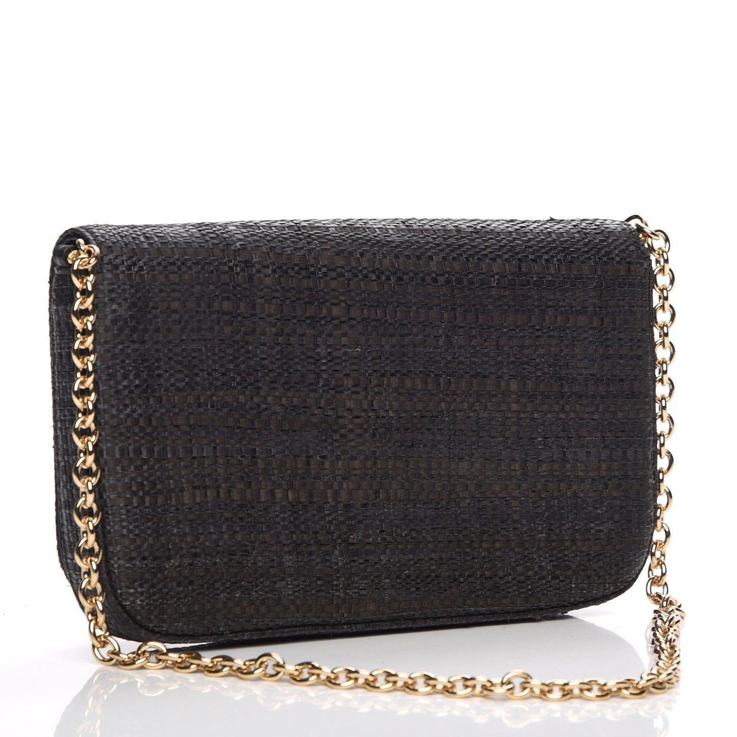 Raffia Crystal Embellished Chain Clutch Black