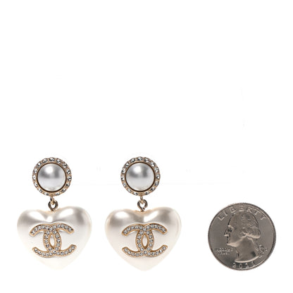 Chanel Pearl Crystal CC Heart Drop Earrings Gold 2 of 4