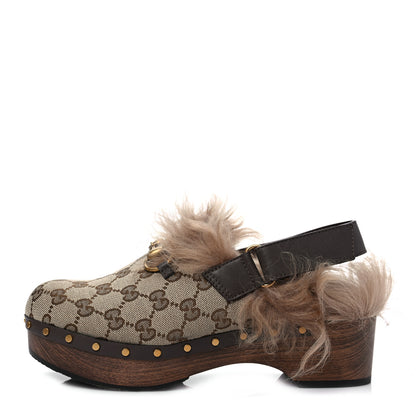 Gucci Monogram Calfskin Fur Horsebit Amstel Slingback Clogs 38.5 Beige Ebony New Acero Naturale 1 of 6