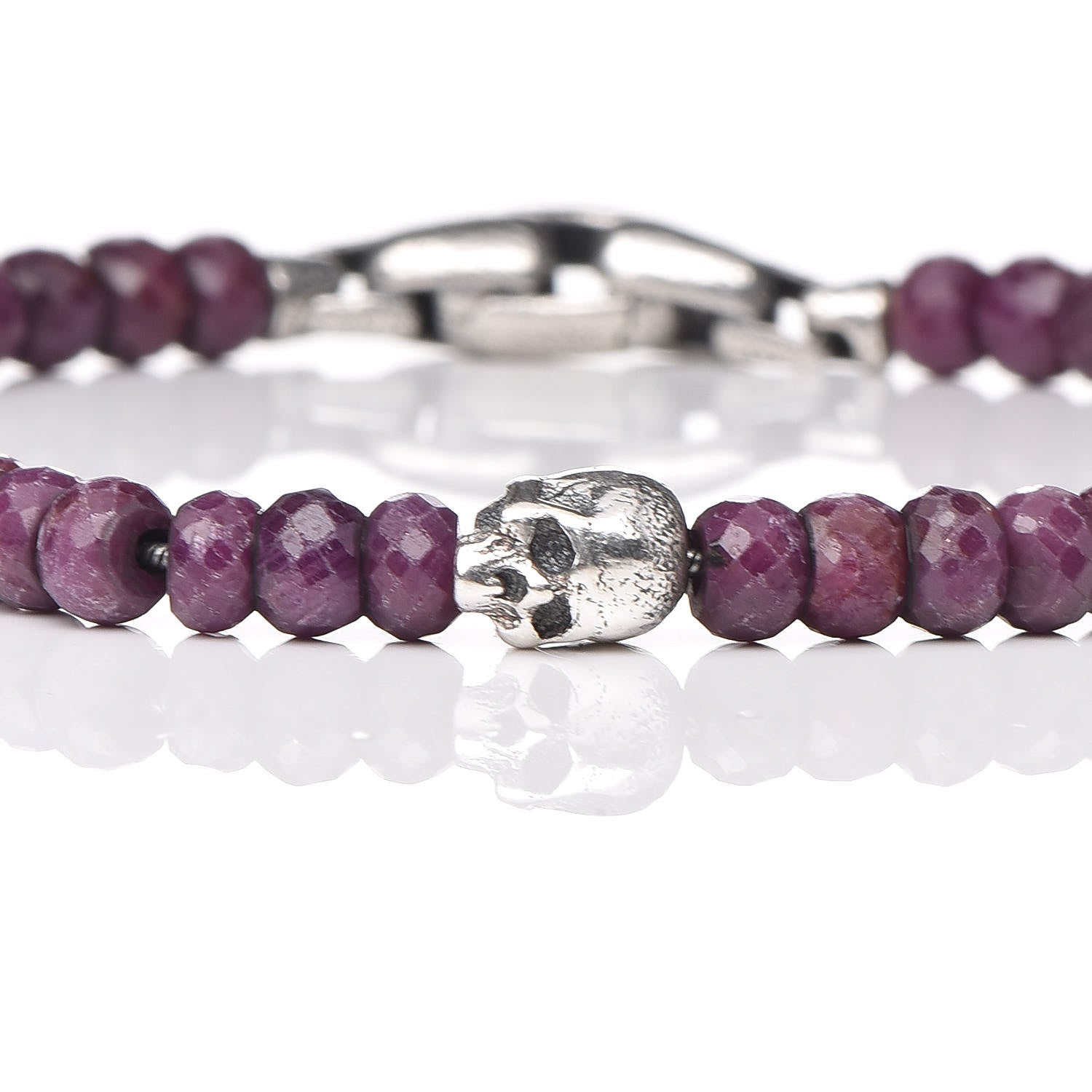 David Yurman Sterling Silver Ruby 5mm Spiritual Beads Skull Station Bracelet 4 of 5