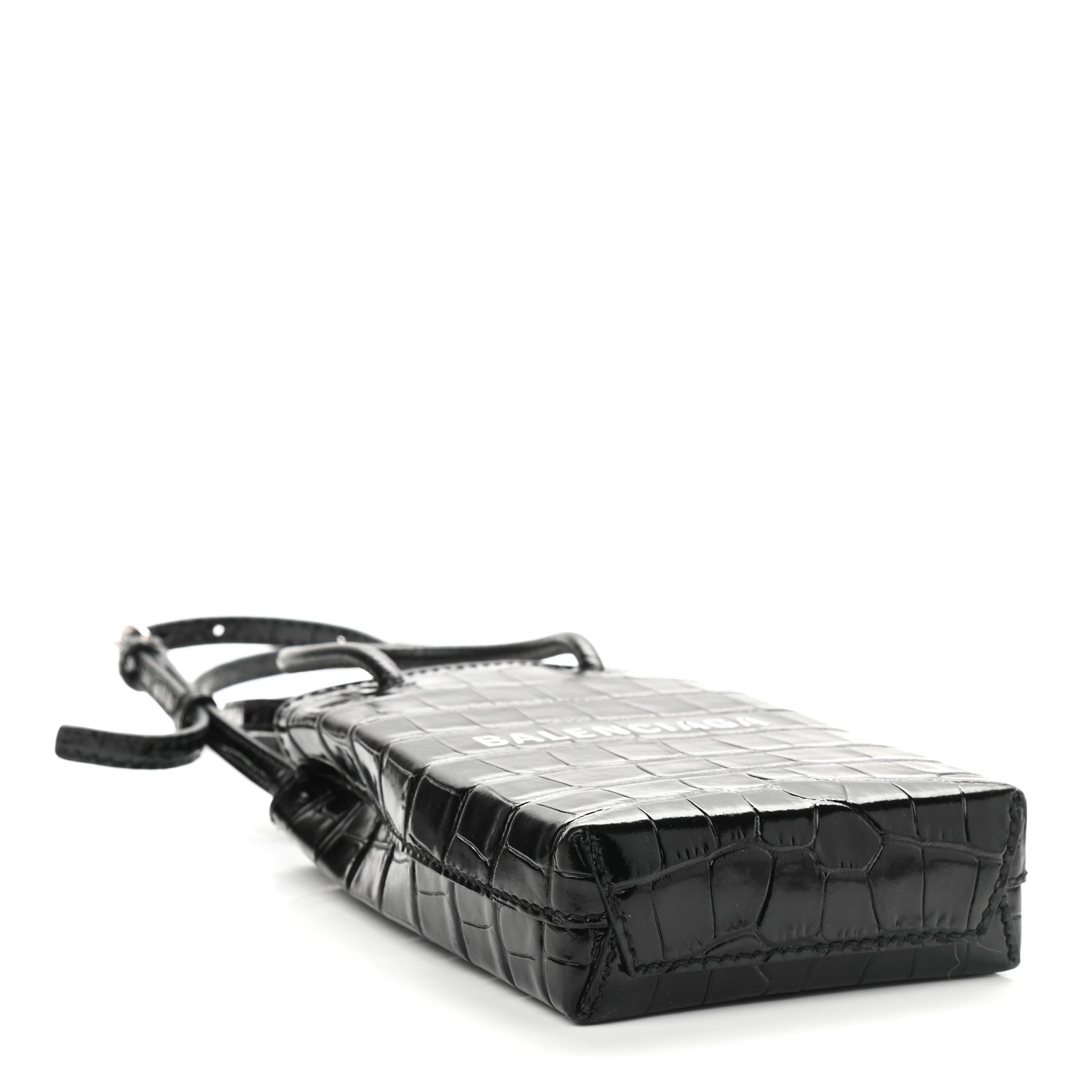 Balenciaga Calfskin Crocodile Embossed Logo Shopping Phone Holder Bag Black 4 of 9