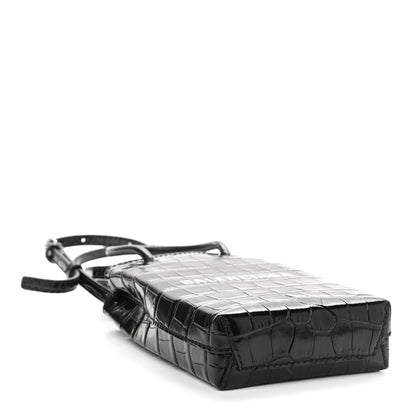 Balenciaga Calfskin Crocodile Embossed Logo Shopping Phone Holder Bag Black 4 of 9