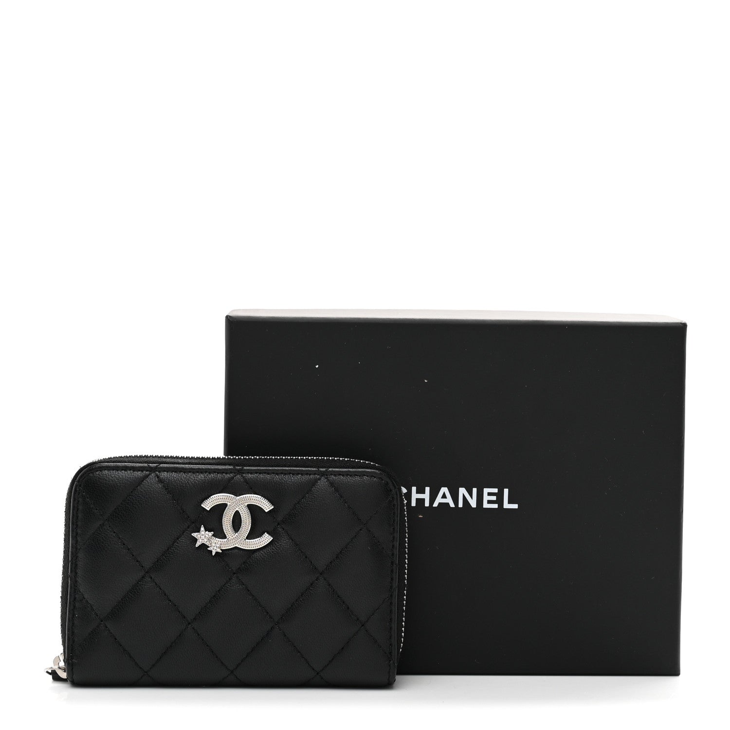 Chanel Lambskin Crystal Star Quilted Studded CC Zip Around Card Holder Wallet Black 8 of 8