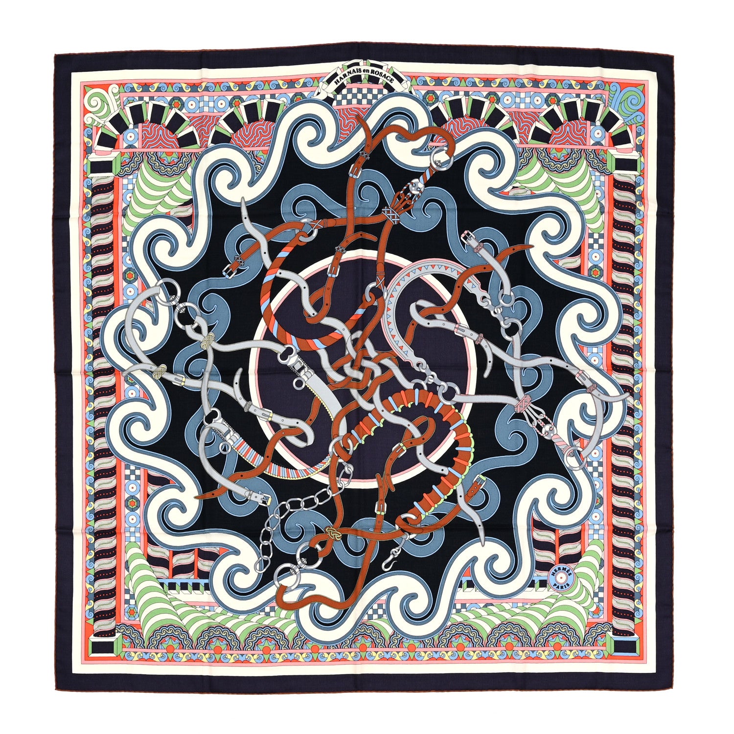 Hermes Cashmere Silk Harnais en Rosace Shawl 140 Marine White Multicolor 1 of 5