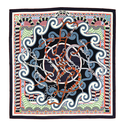 Hermes Cashmere Silk Harnais en Rosace Shawl 140 Marine White Multicolor 1 of 5