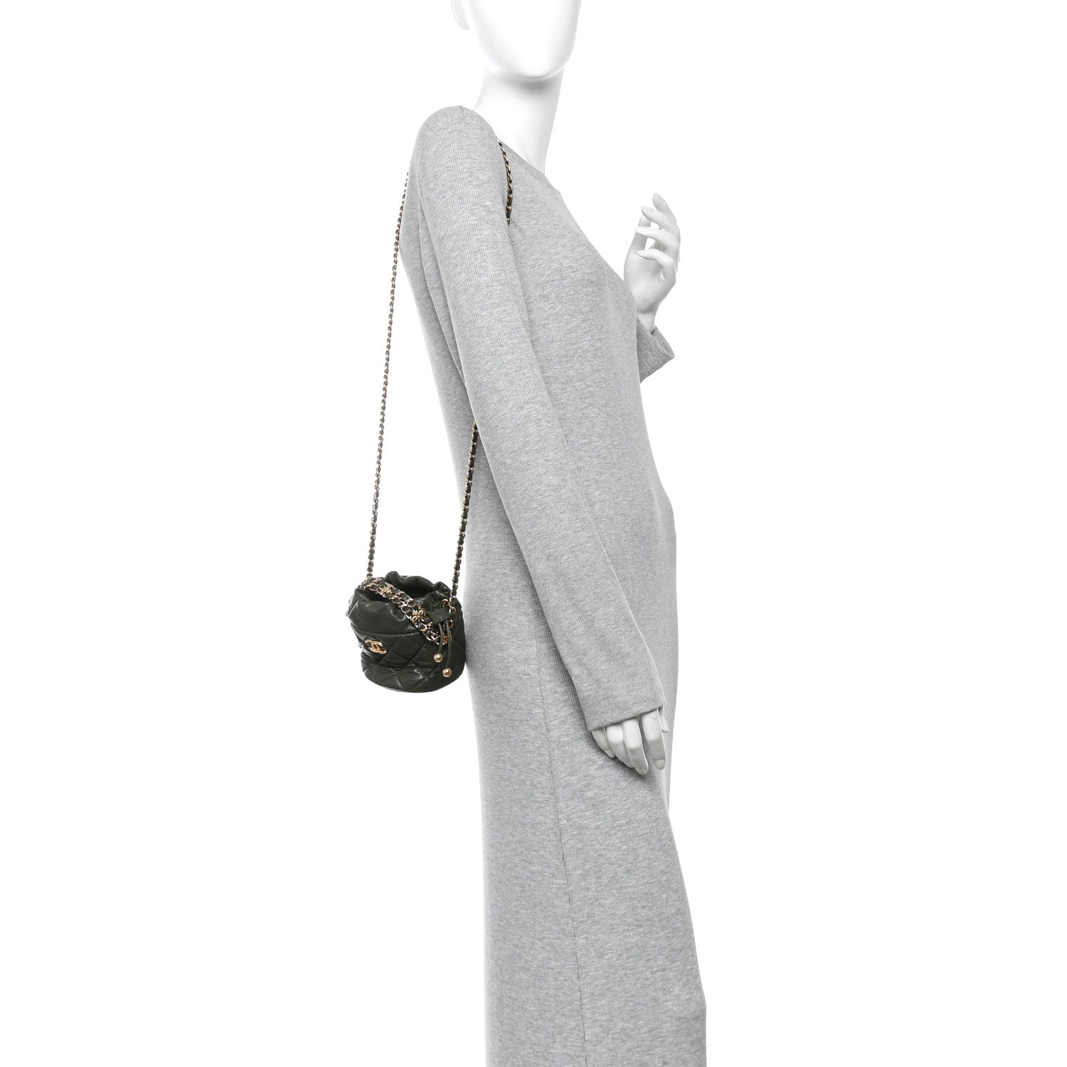 Chanel Caviar Quilted Coco First Bucket Clutch With Chain Khaki 2 of 12