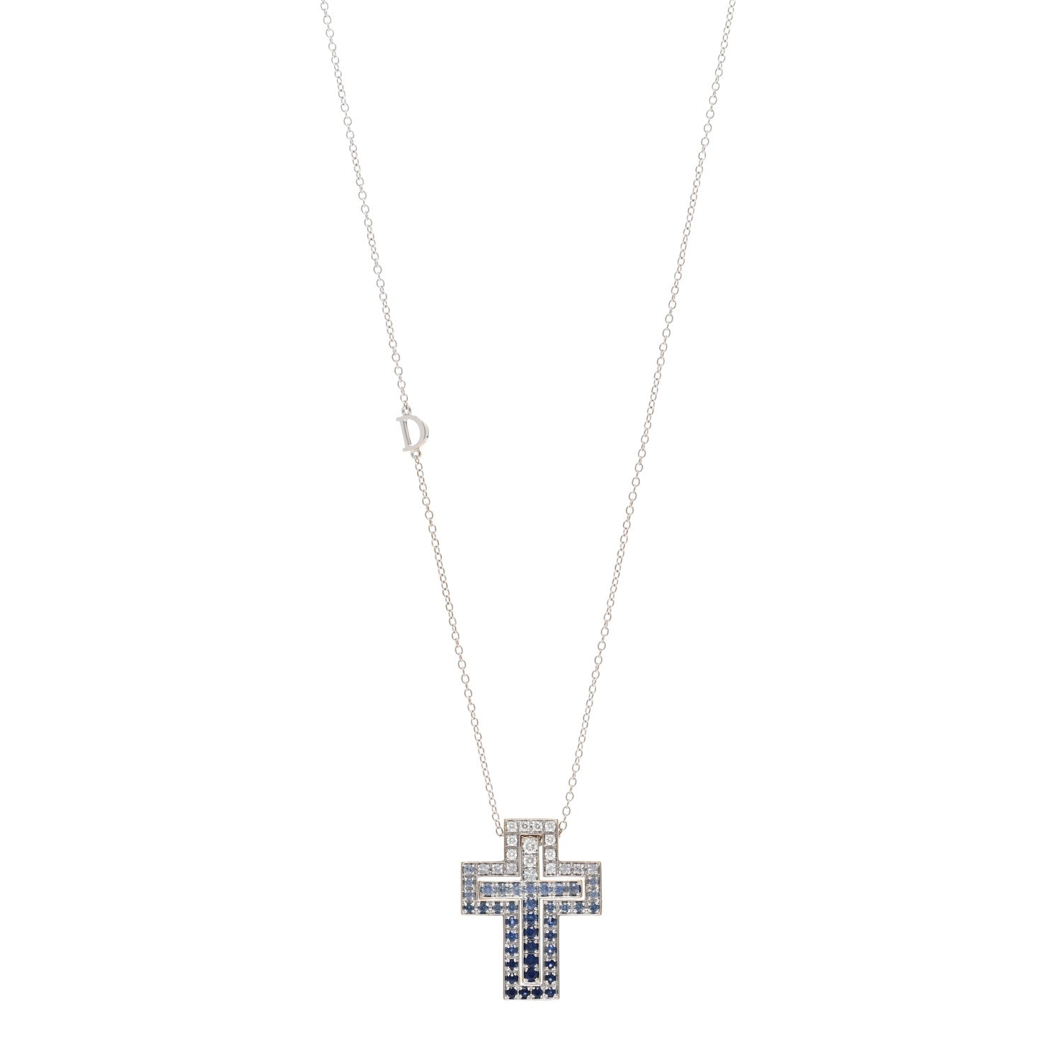 Damiani 18K White Gold Diamond Blue Sapphire Belle Epoque Cross Pendant Necklace 1 of 5