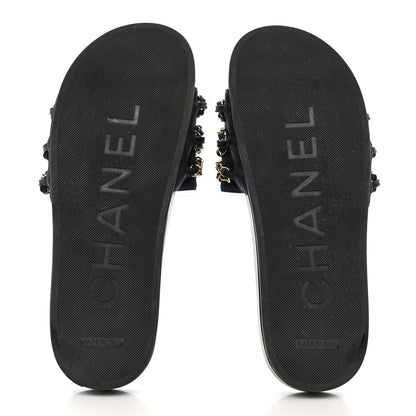 Chanel Satin Canvas Chain Slides Sandals Flats 40 Marine 5 of 11