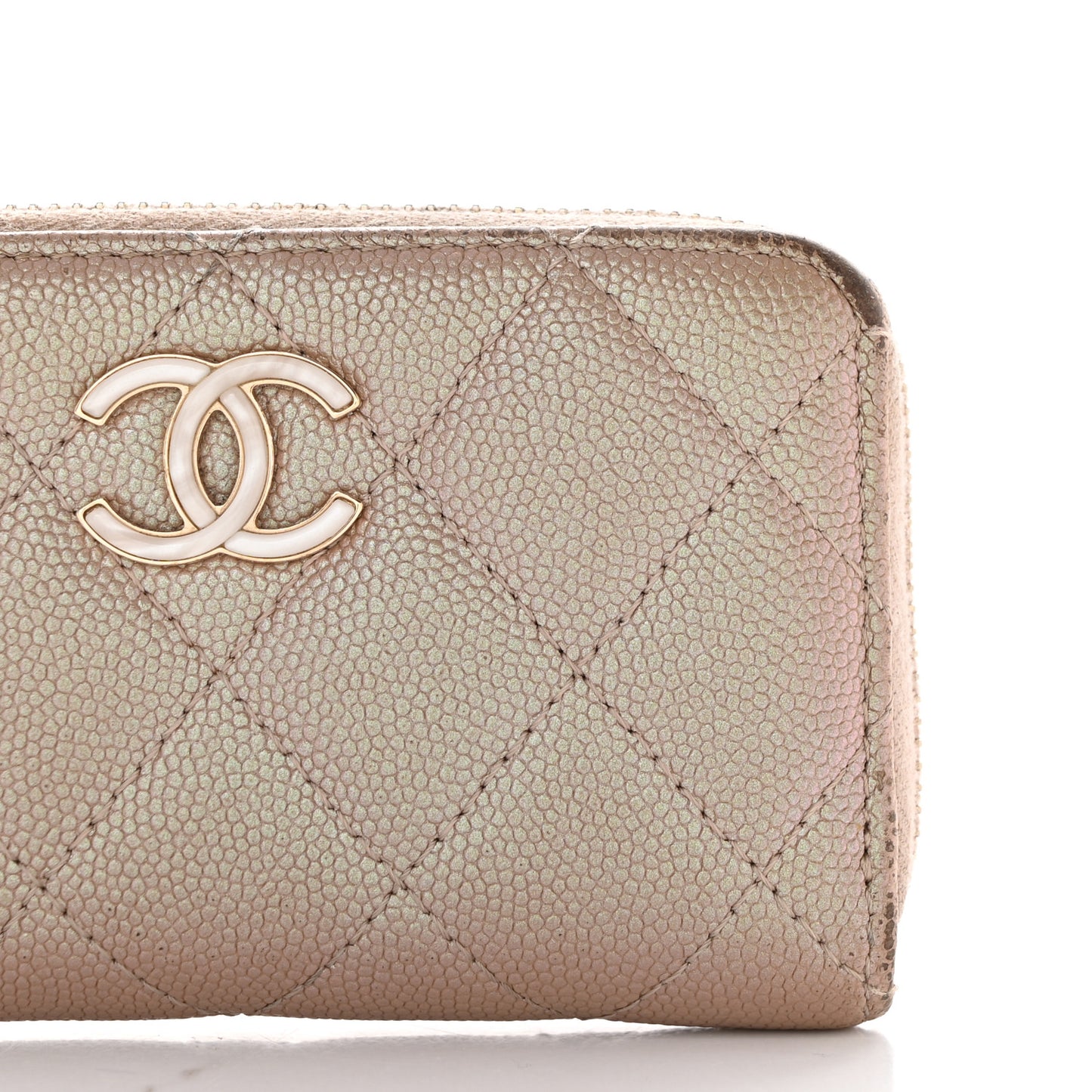 Iridescent Caviar Quilted Zipped Key Holder Case Beige