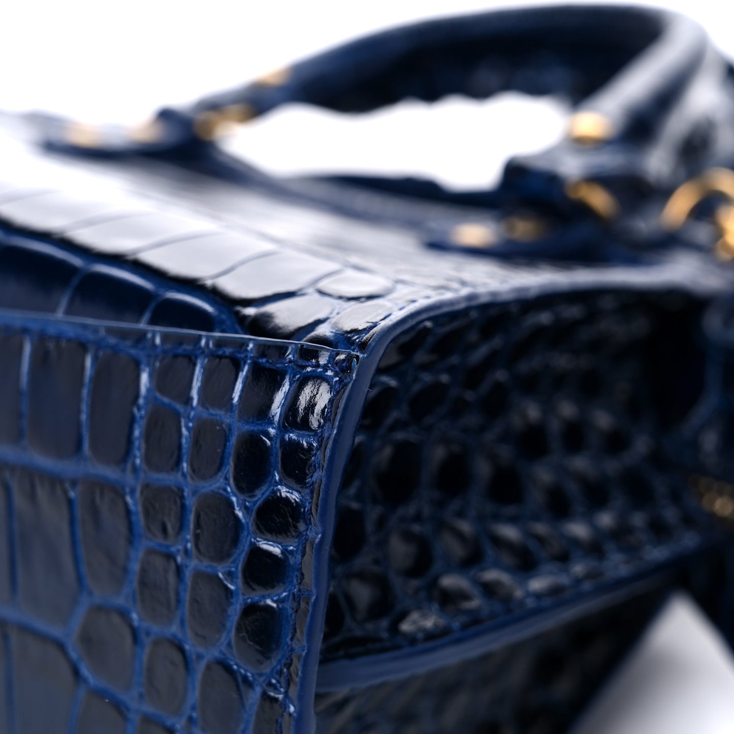 Shiny Supple Calfskin Crocodile Embossed Neo Classic Gold Hardware Mini City Navy