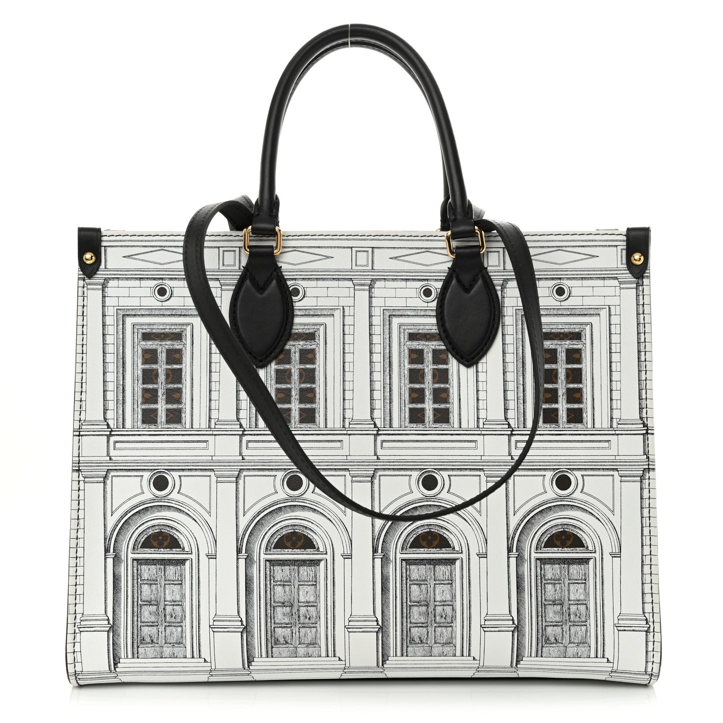 X FORNASETTI Calfskin Architettura Onthego MM Black White