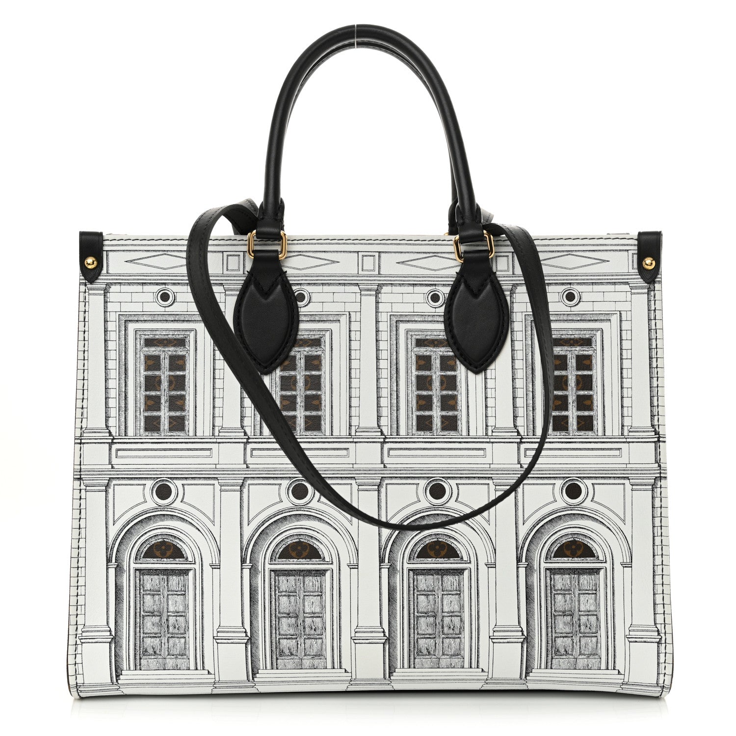 Louis Vuitton X FORNASETTI Calfskin Architettura Onthego MM Black White 1 of 9