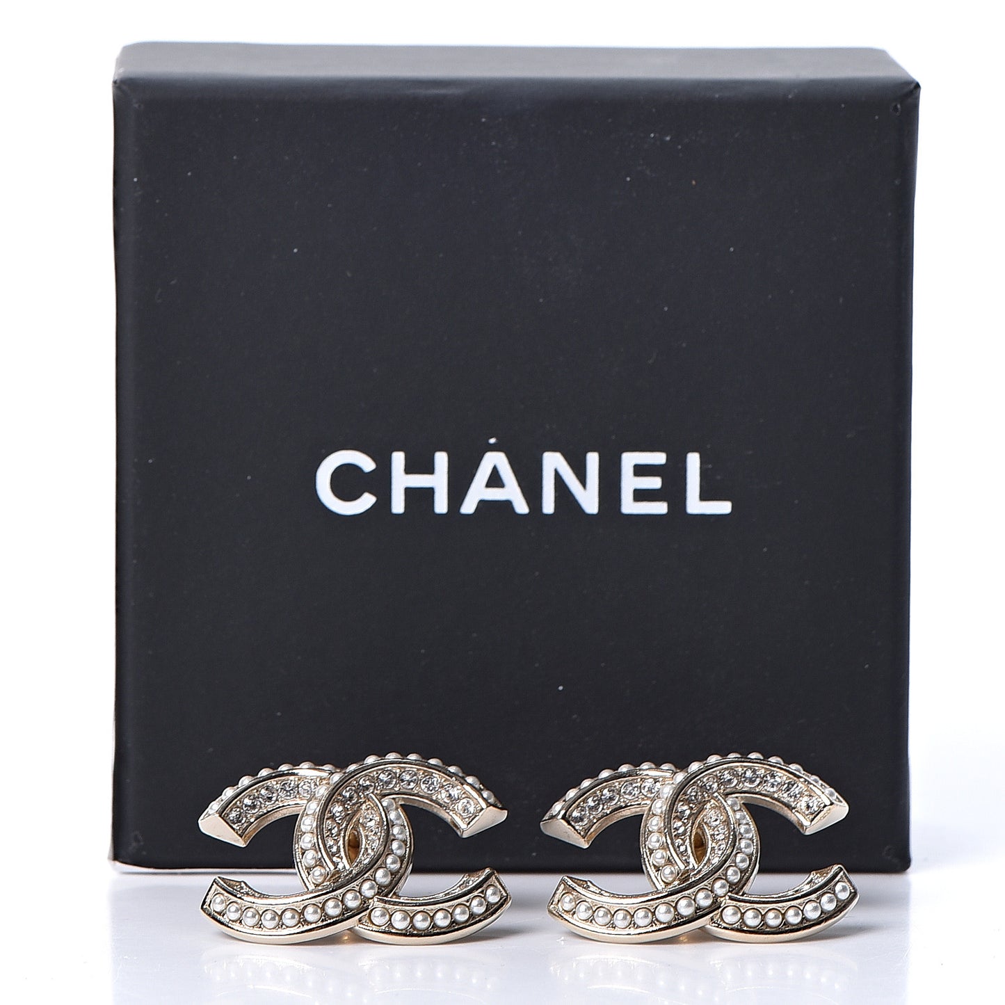 Crystal Pearl Chain Mania CC Earrings Gold